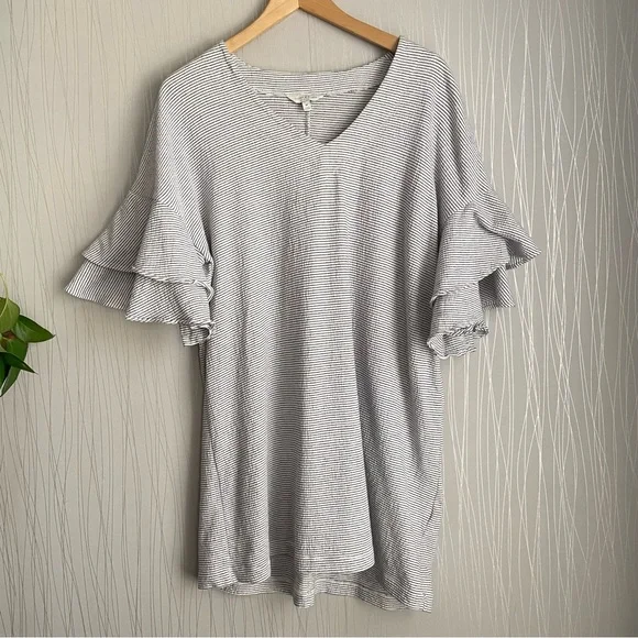 LUCKY BRAND Dress Women’s Medium Stripe Ruffle Bell Sleeve Knit Mini Shirt Dress - Picture 4 of 11